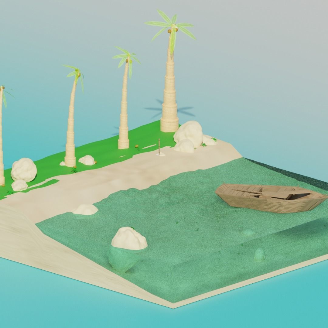 Island with palm trees and boat 3D model_3