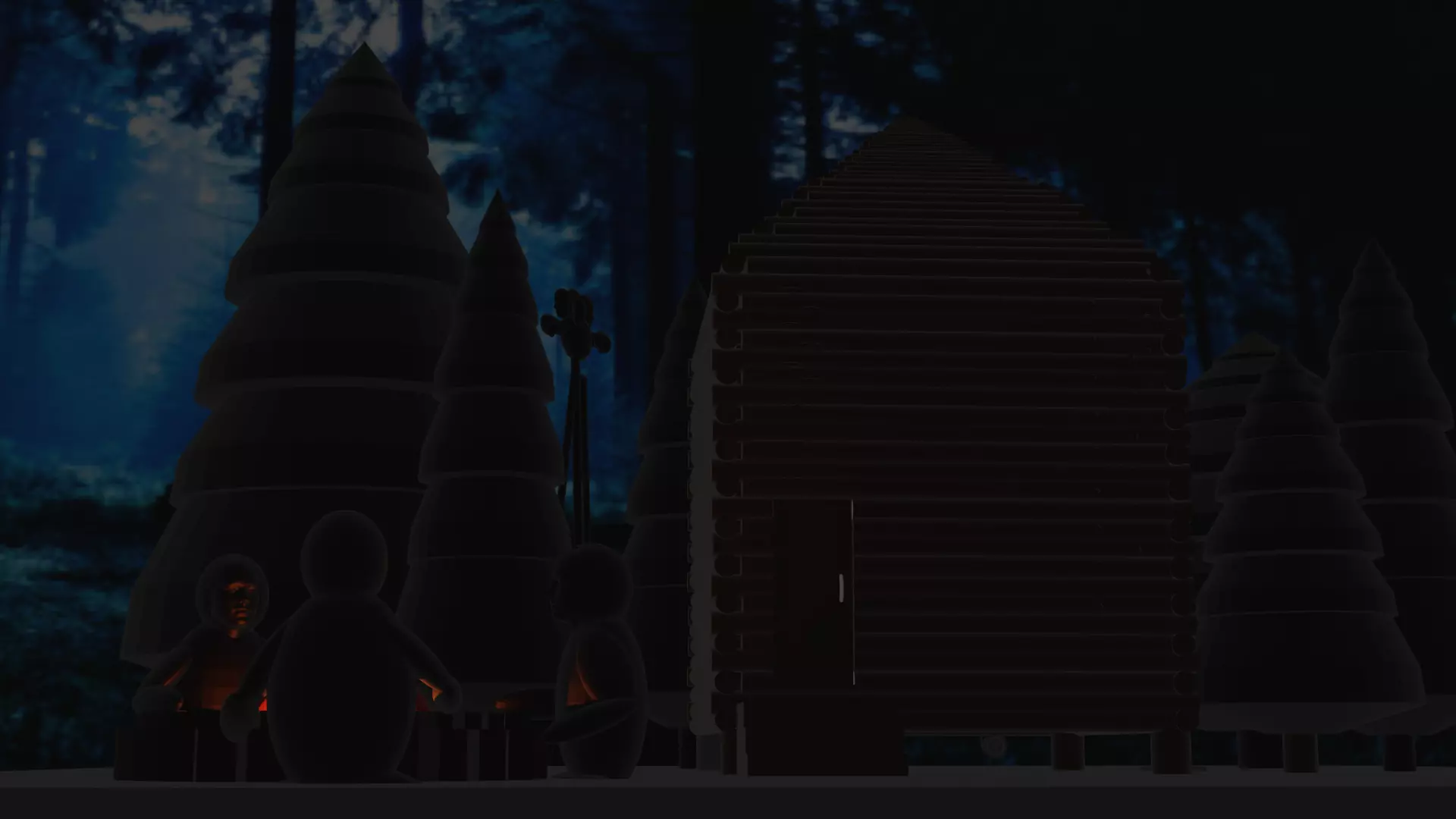 creepy house in the woods with a group of people near the fire 3D model