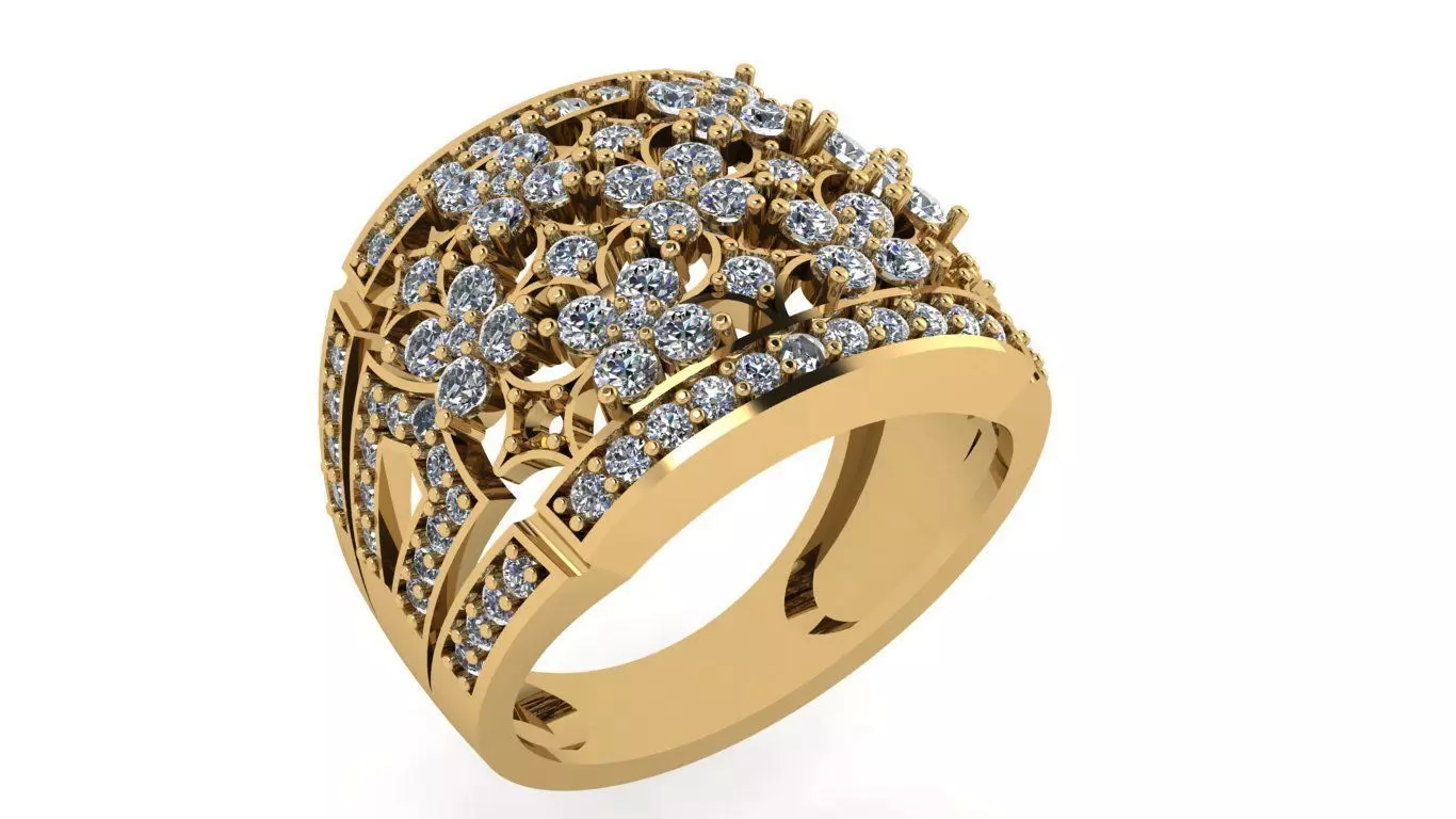 rings gold flower ring with diamonds 3D print model_0