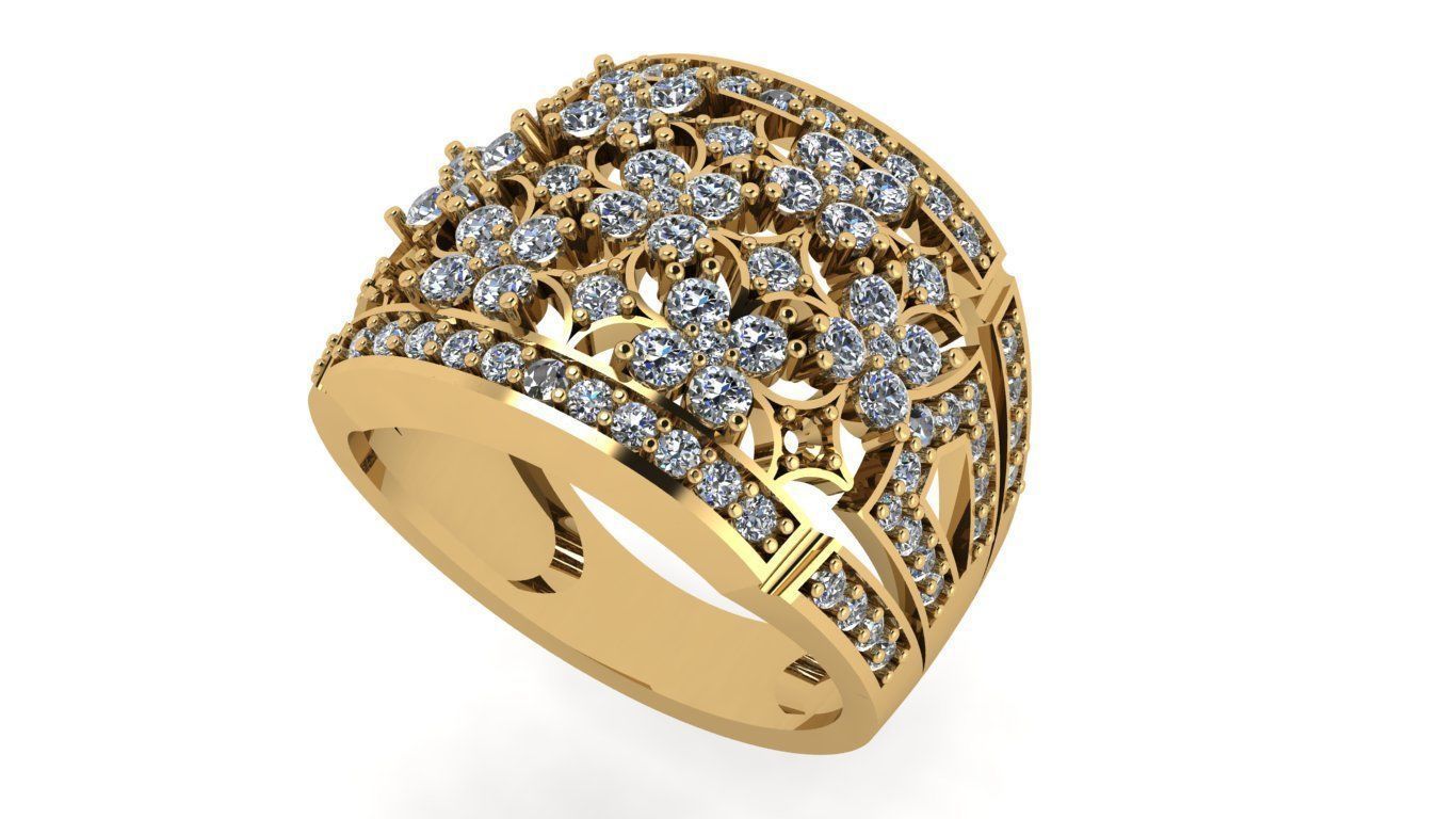 rings gold flower ring with diamonds 3D print model_7