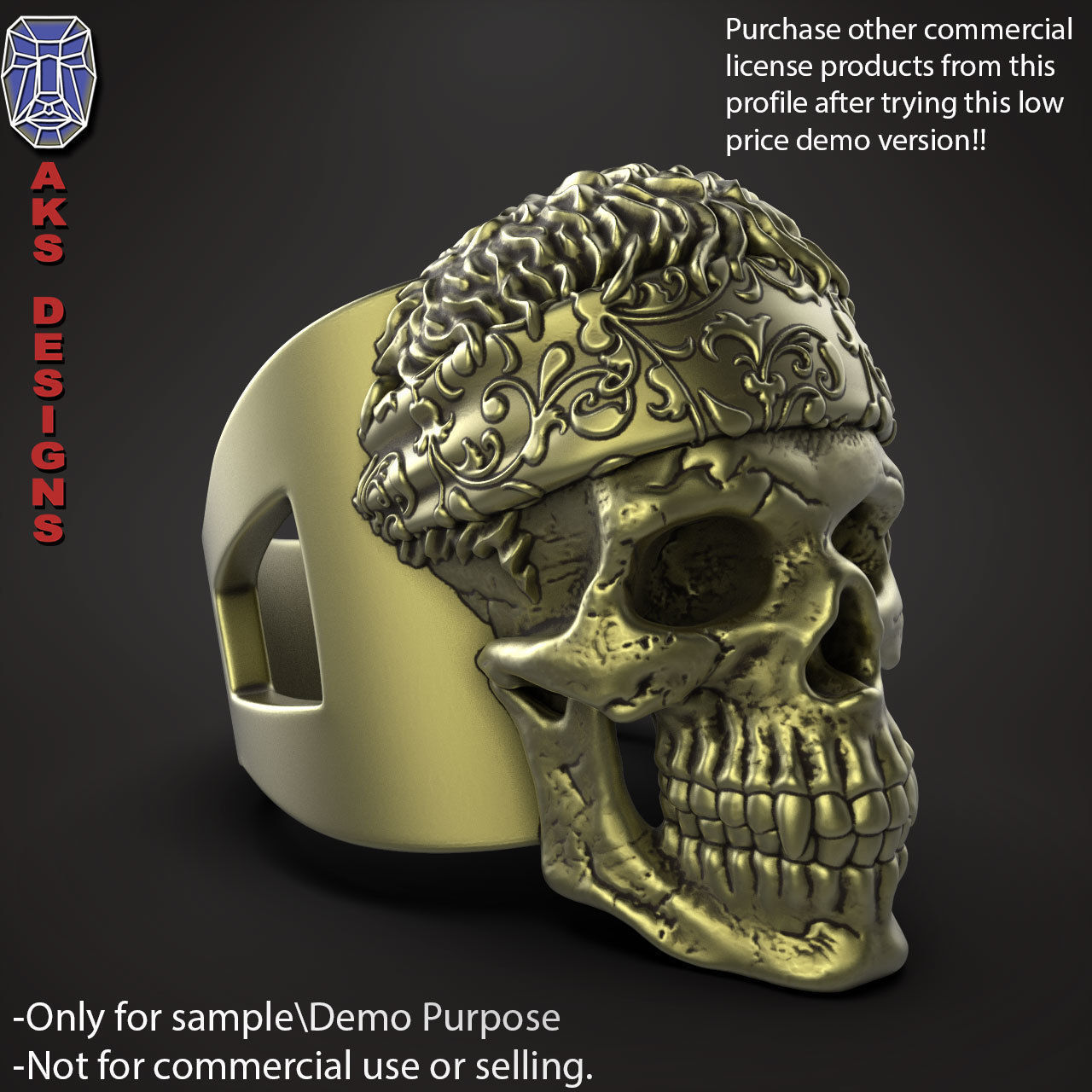 Biker skull with scarf 1 ring jewelry Demo version 3D print model_13