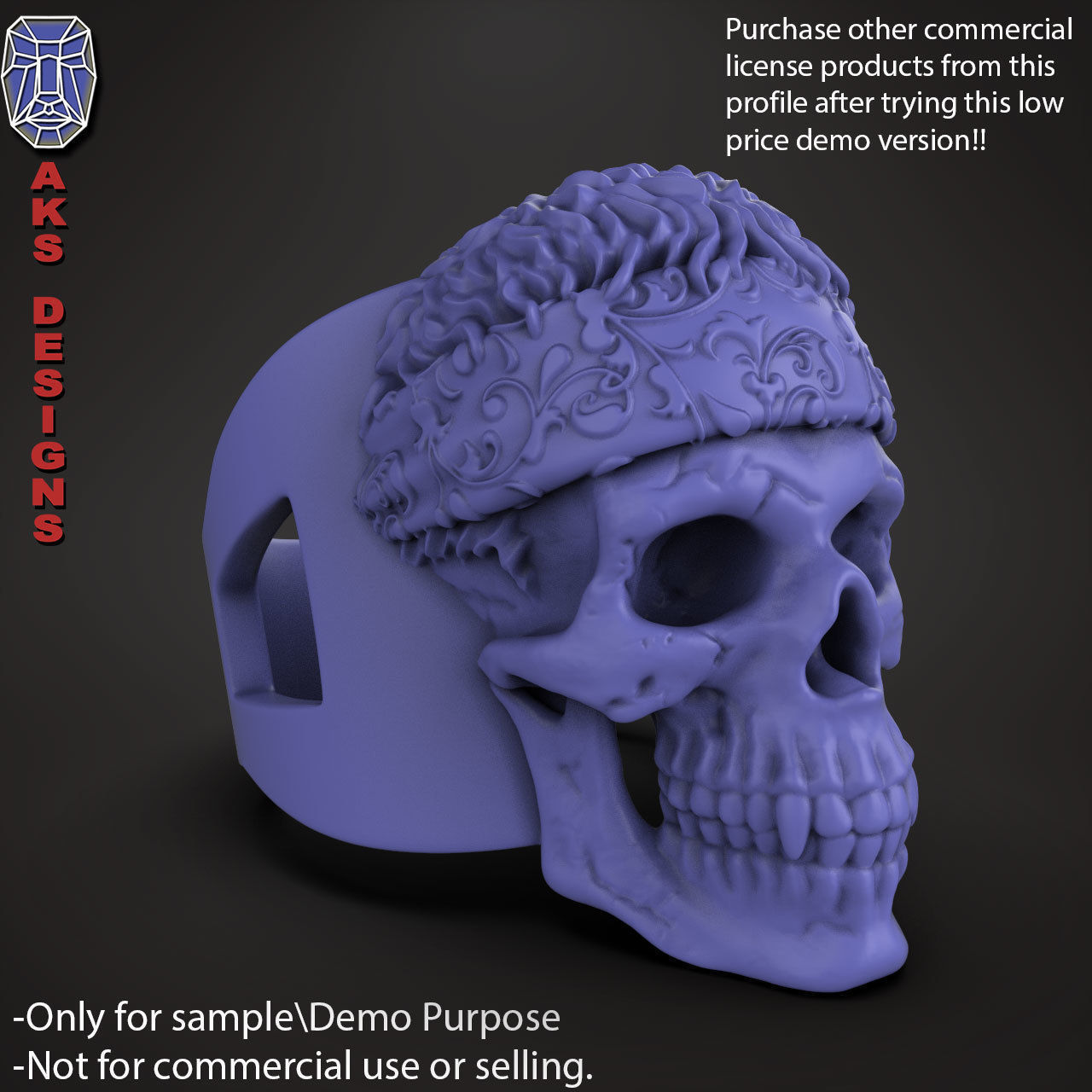 Biker skull with scarf 1 ring jewelry Demo version 3D print model_14