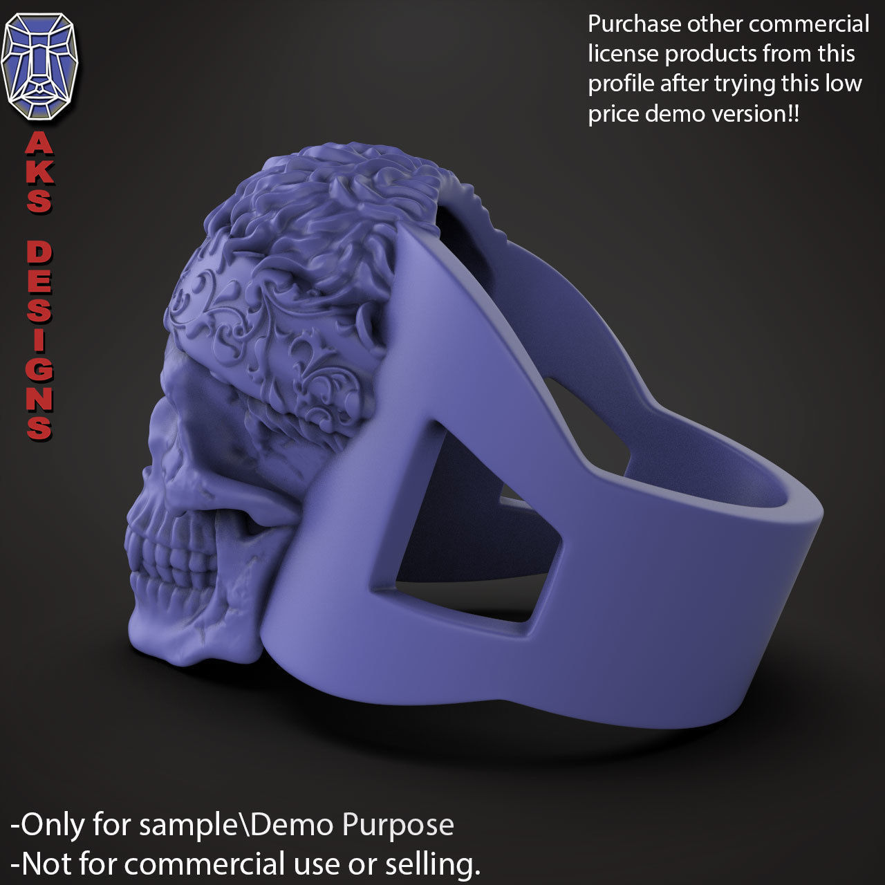 Biker skull with scarf 1 ring jewelry Demo version 3D print model_8