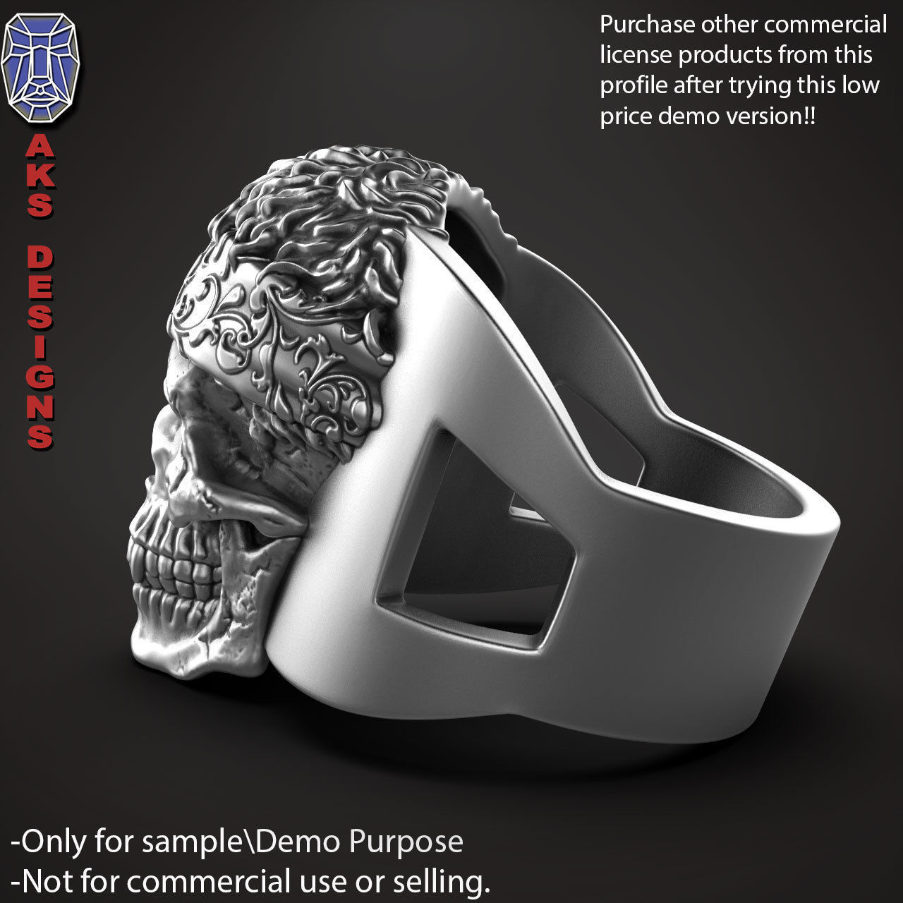 Biker skull with scarf 1 ring jewelry Demo version 3D print model_6