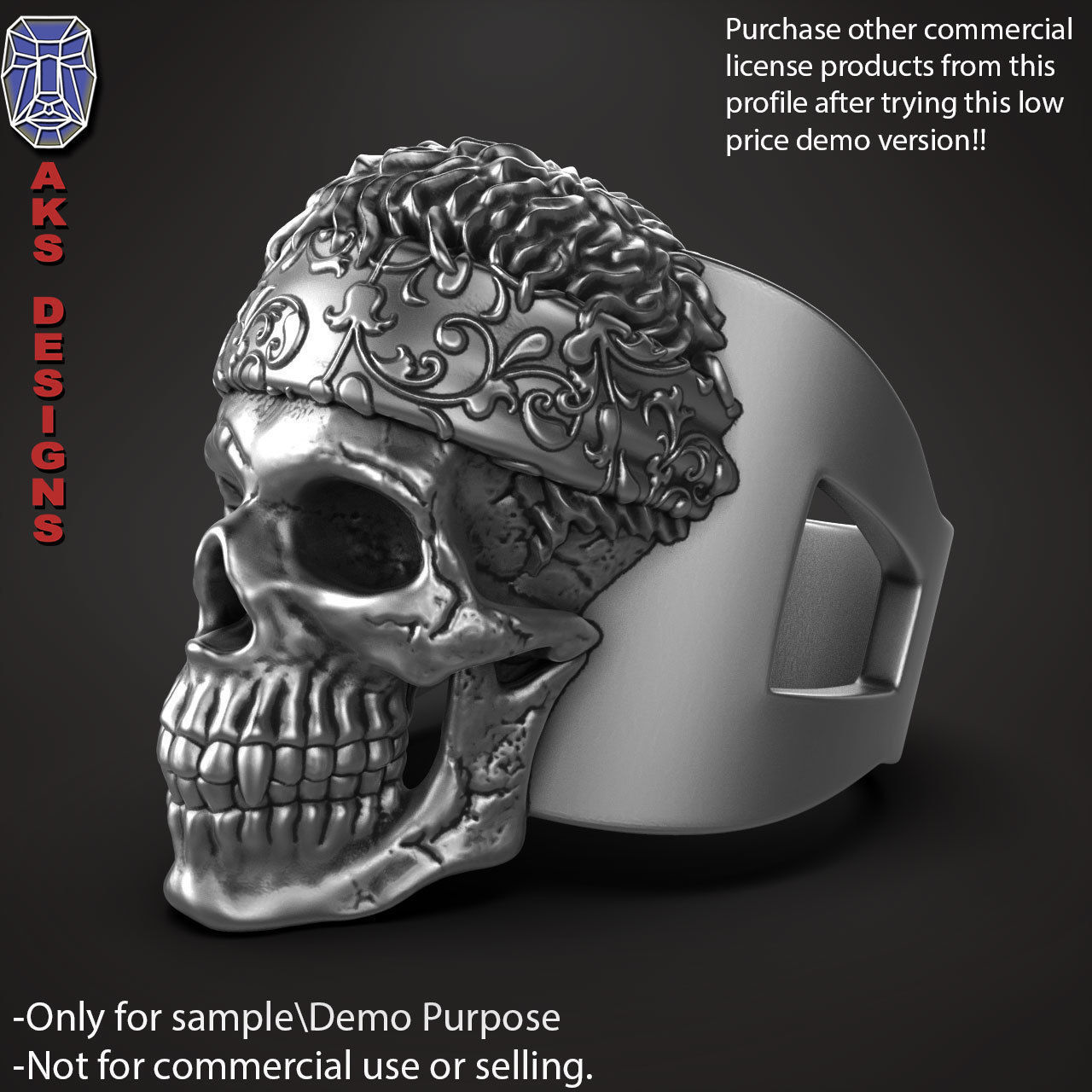 Biker skull with scarf 1 ring jewelry Demo version 3D print model_3