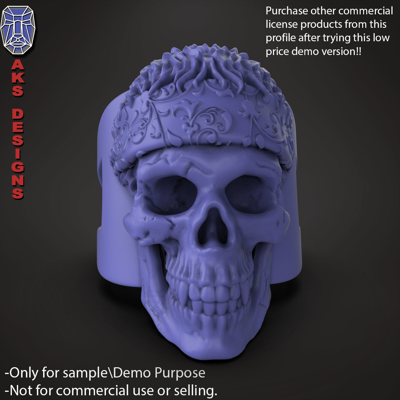 Biker skull with scarf 1 ring jewelry Demo version 3D print model_17