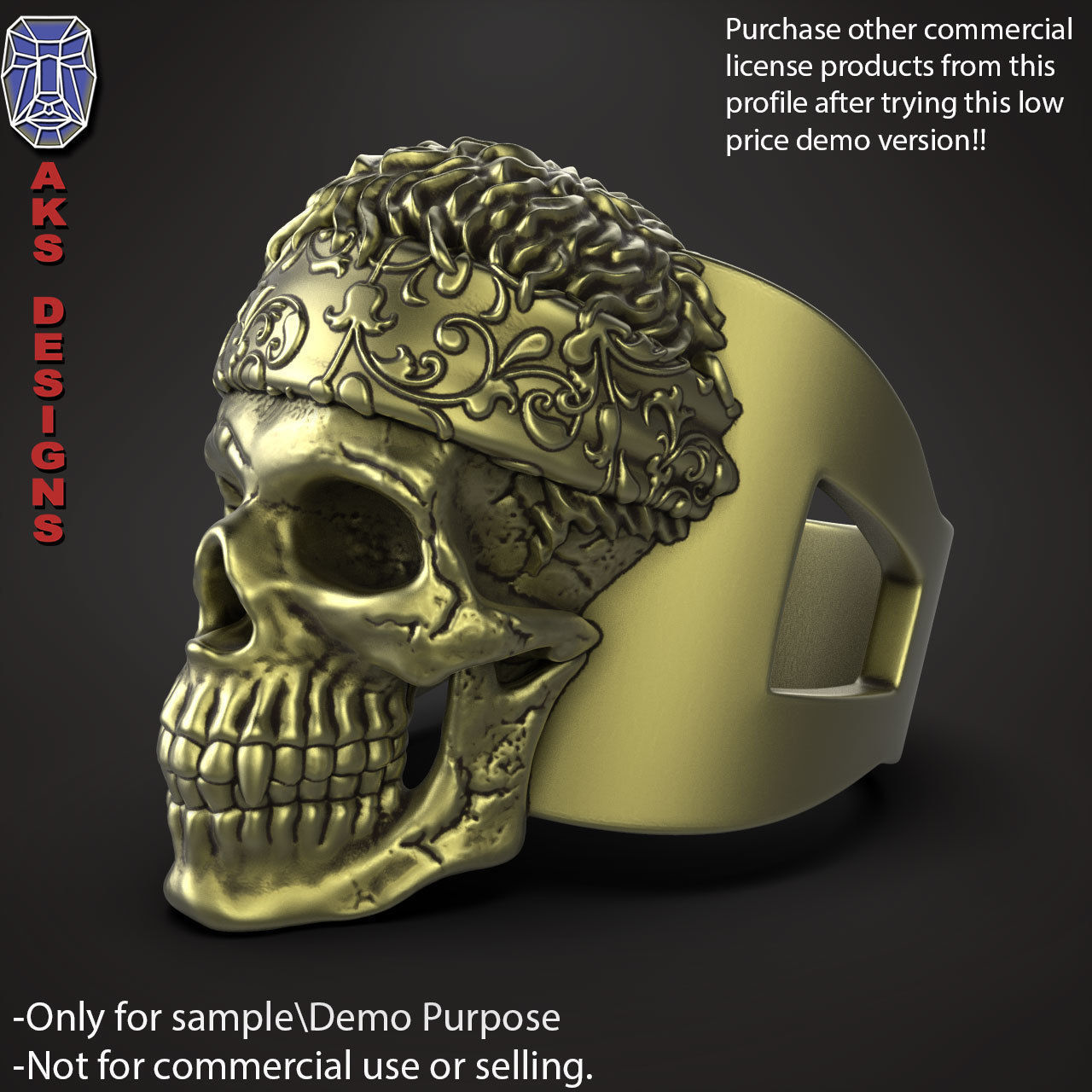 Biker skull with scarf 1 ring jewelry Demo version 3D print model_4
