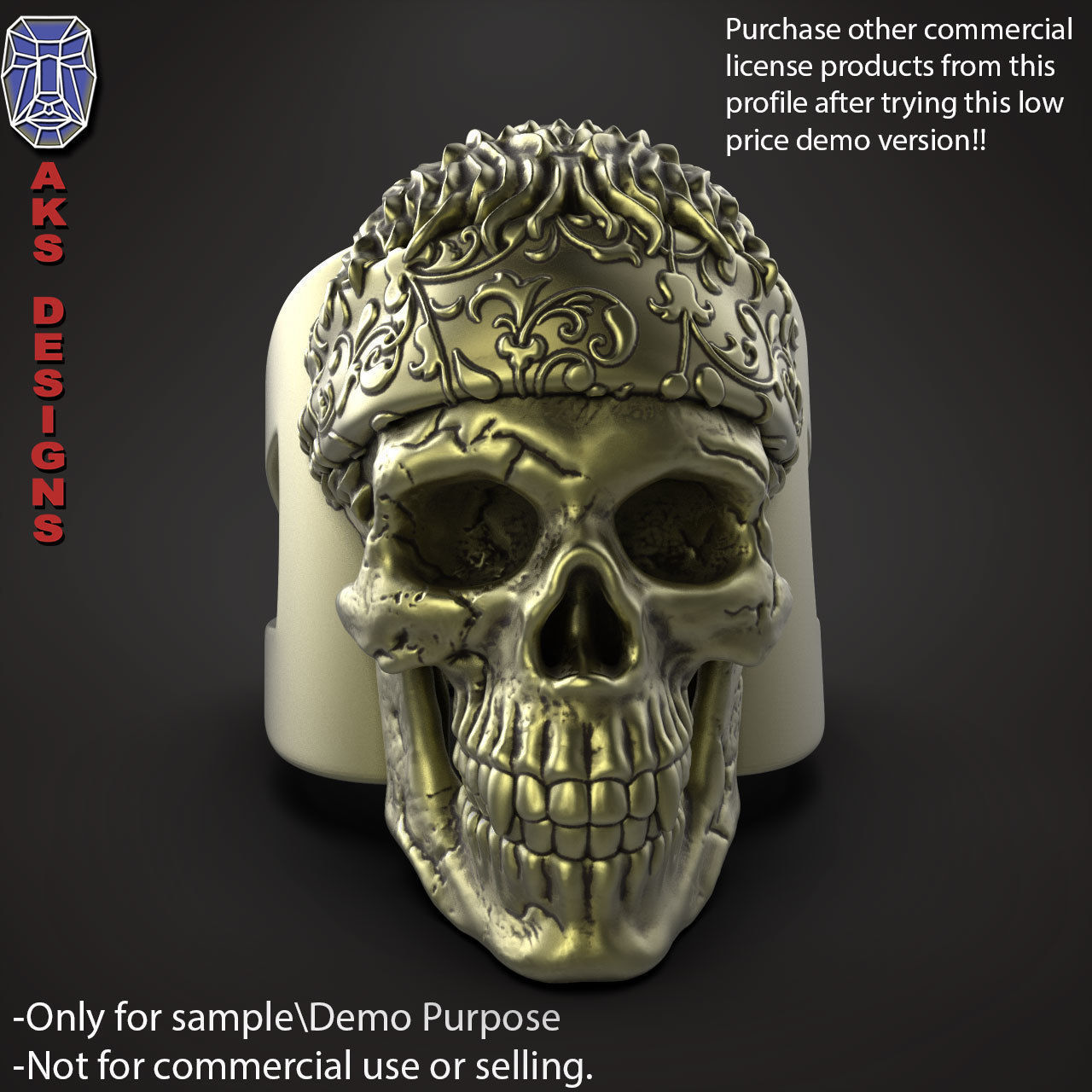 Biker skull with scarf 1 ring jewelry Demo version 3D print model_16