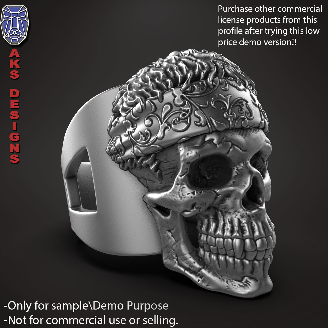 Biker skull with scarf 1 ring jewelry Demo version 3D print model_12