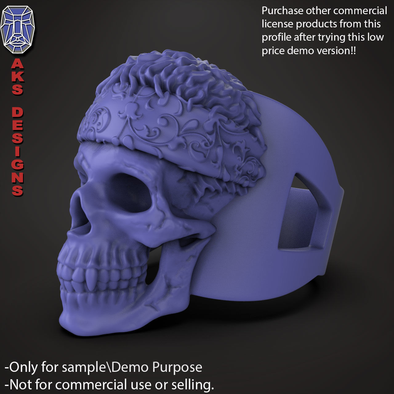 Biker skull with scarf 1 ring jewelry Demo version 3D print model_5