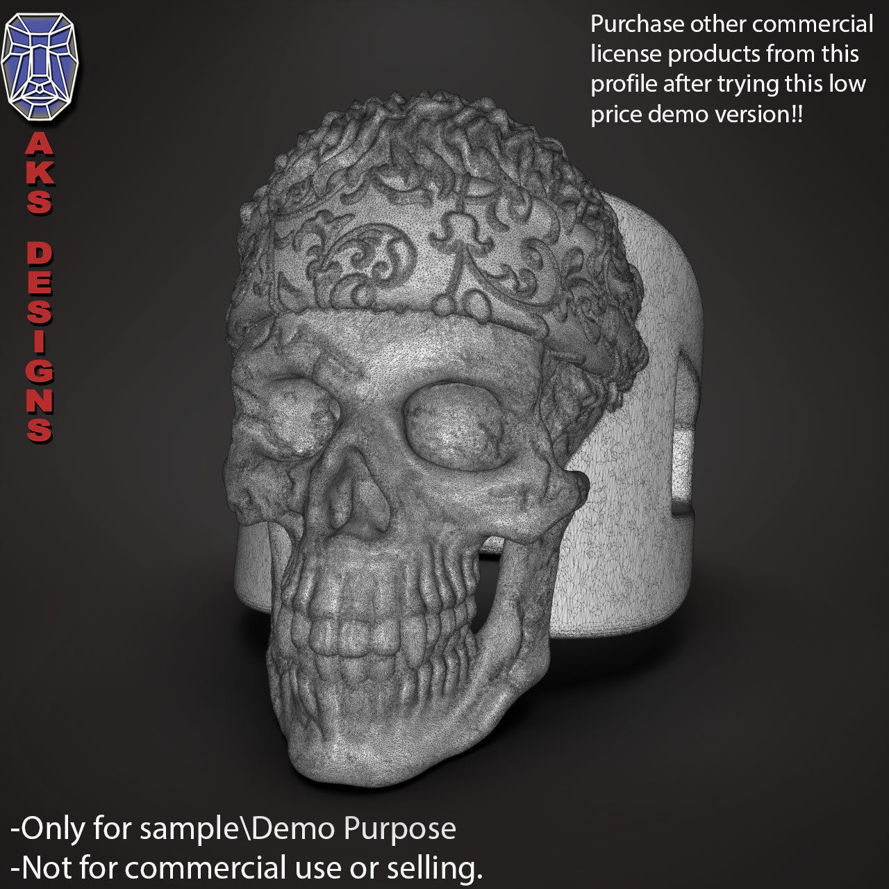 Biker skull with scarf 1 ring jewelry Demo version 3D print model_20