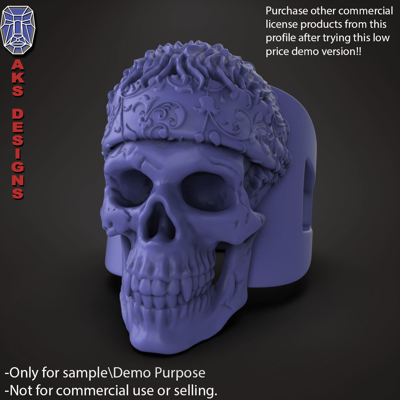 Biker skull with scarf 1 ring jewelry Demo version 3D print model_2