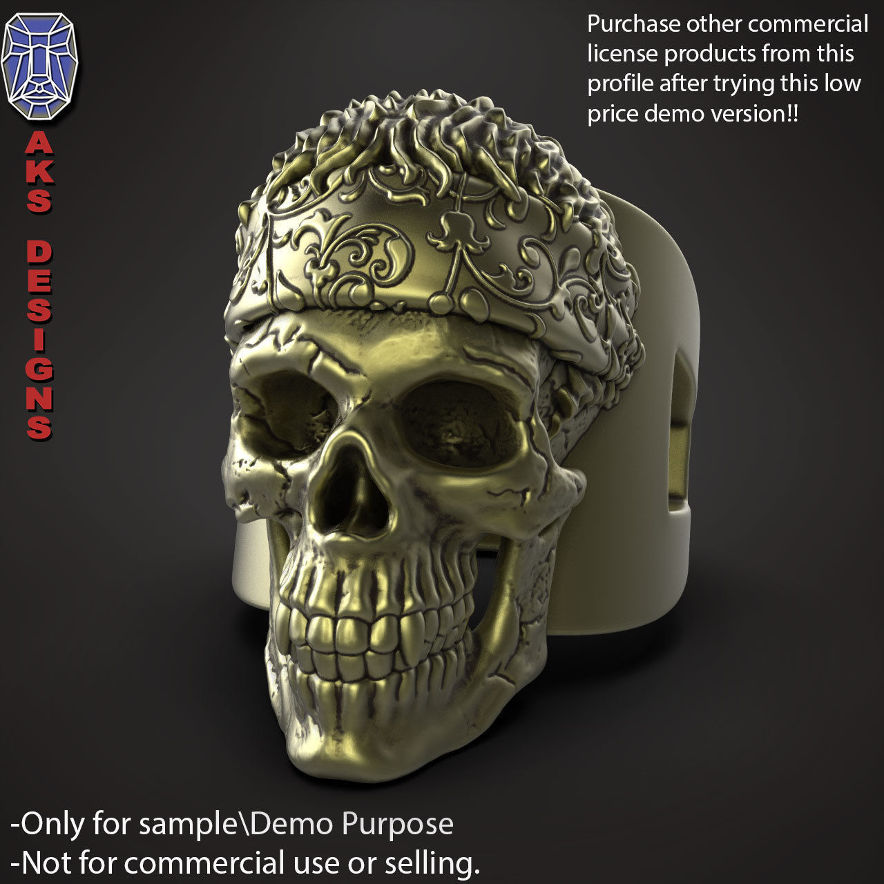 Biker skull with scarf 1 ring jewelry Demo version 3D print model_1