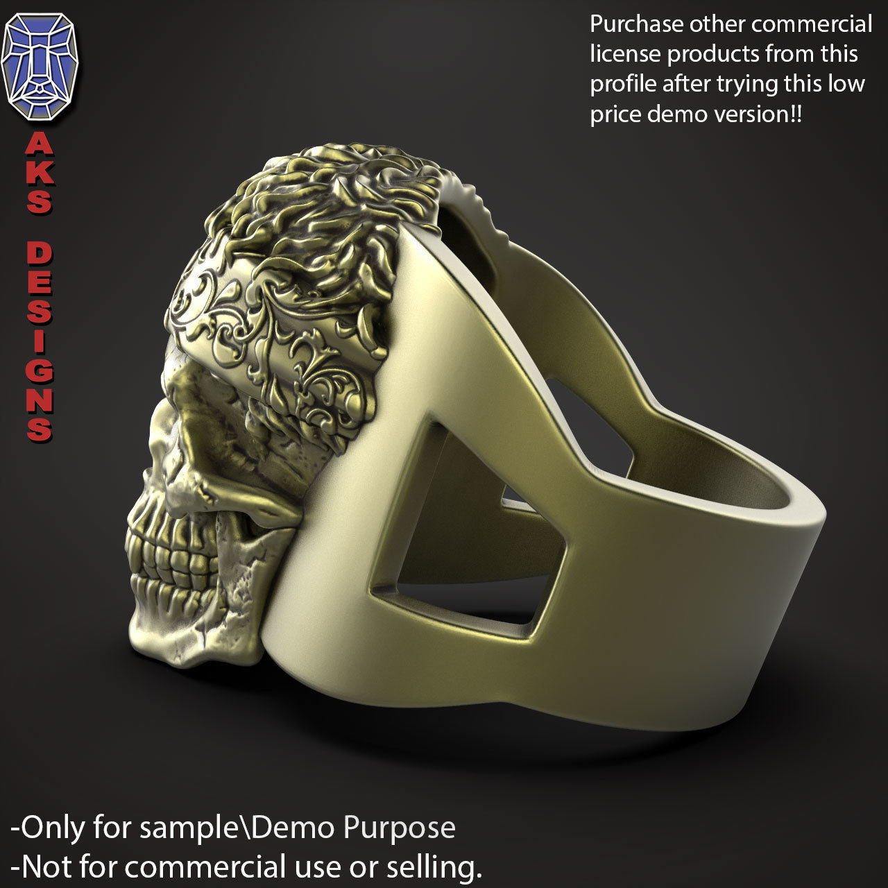 Biker skull with scarf 1 ring jewelry Demo version 3D print model_7