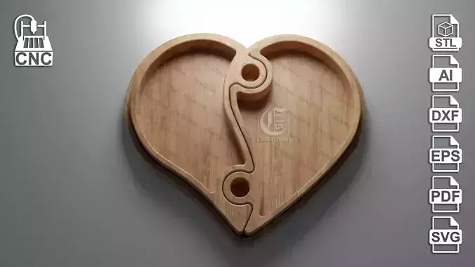 Heart Puzzle Tray V2- 3D STL file and vector files for CNC 3D print model