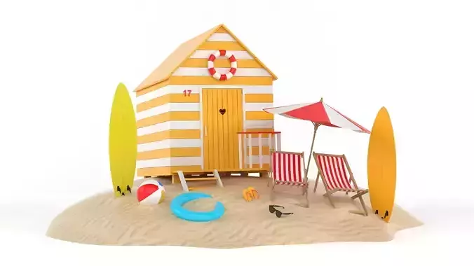 Beach Hut Umbrella and Chairs 3D model