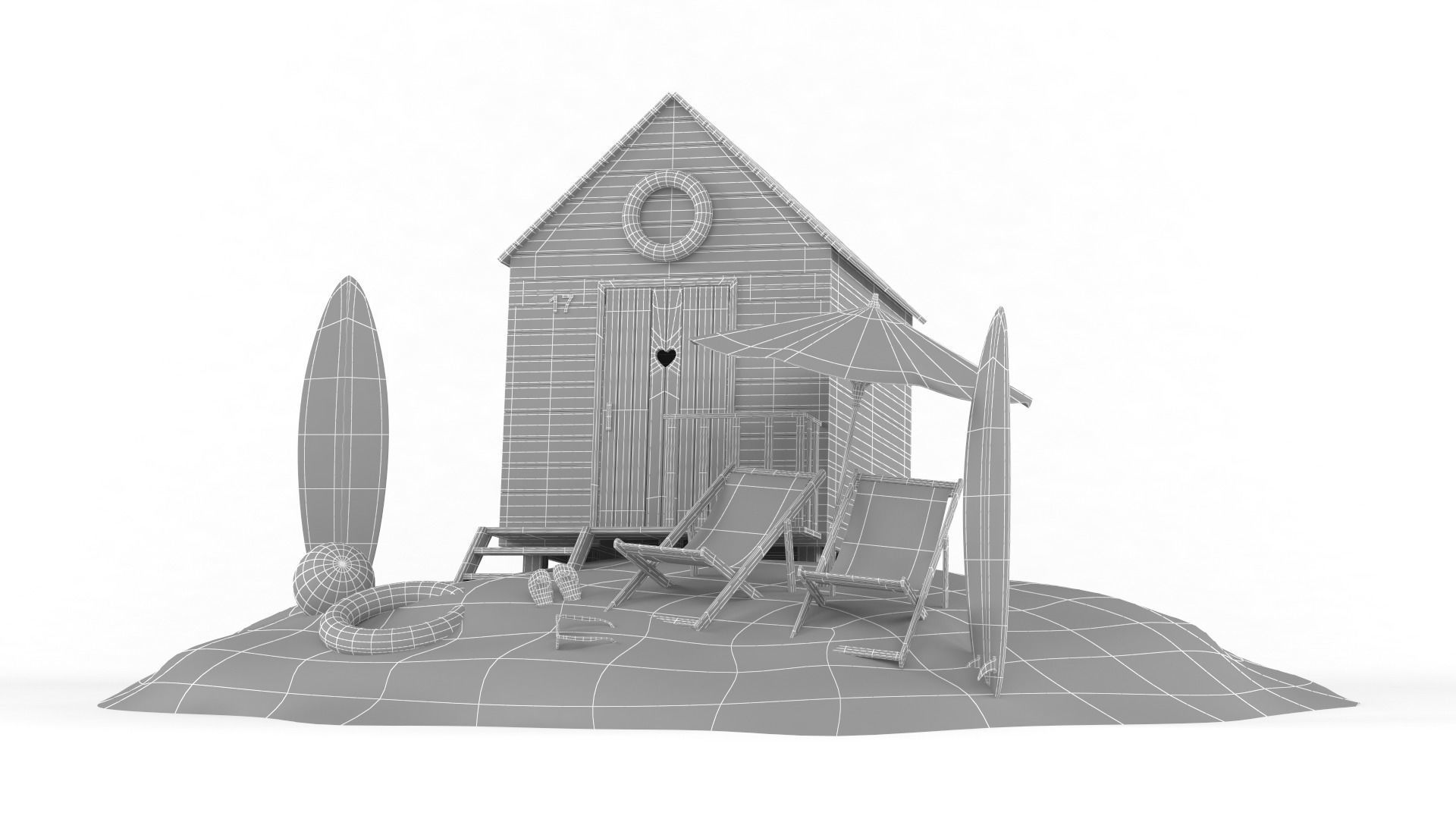 Beach Hut Umbrella and Chairs 3D model_7