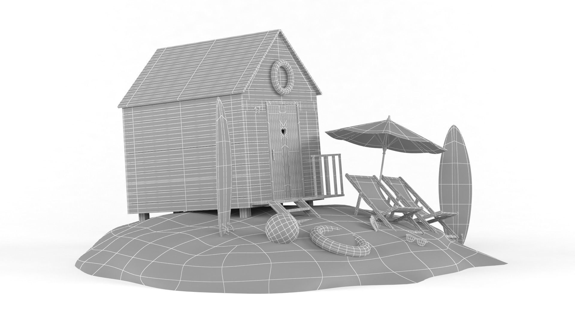 Beach Hut Umbrella and Chairs 3D model_11