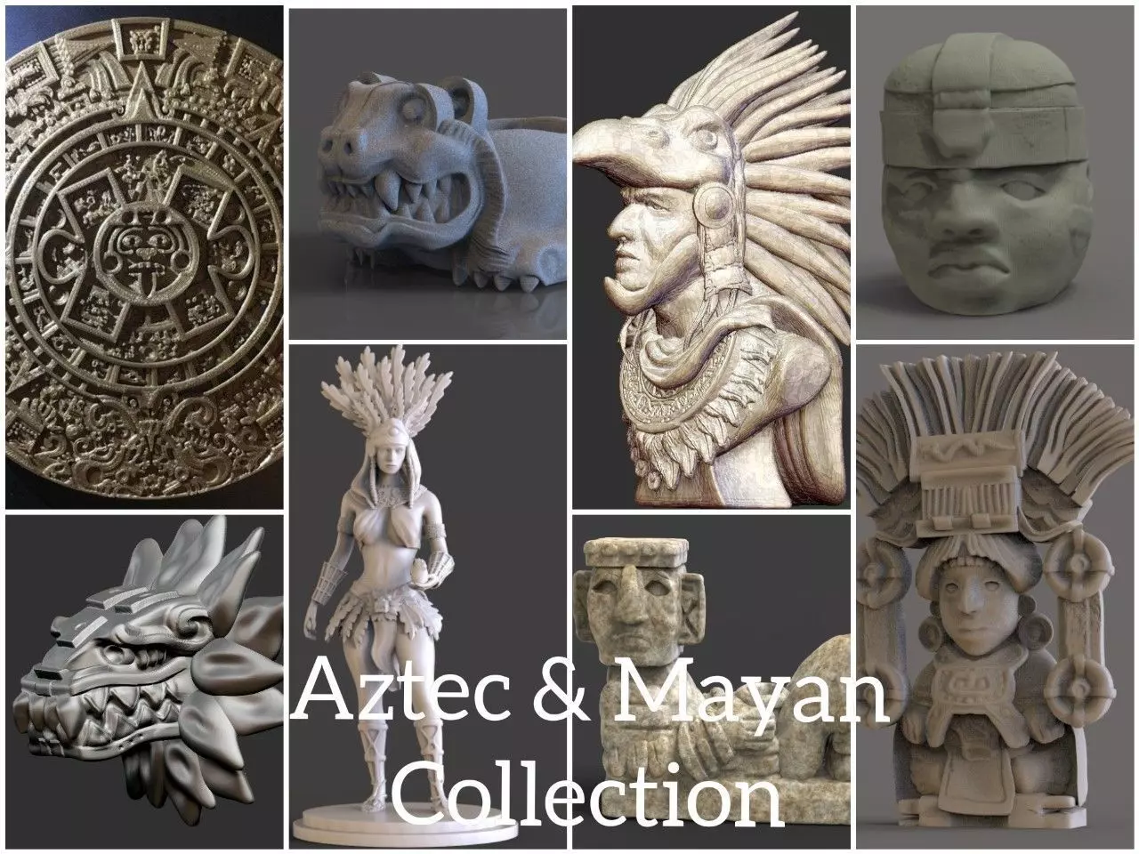 Mayan And Aztec Sculptures 3D Model Collection_0