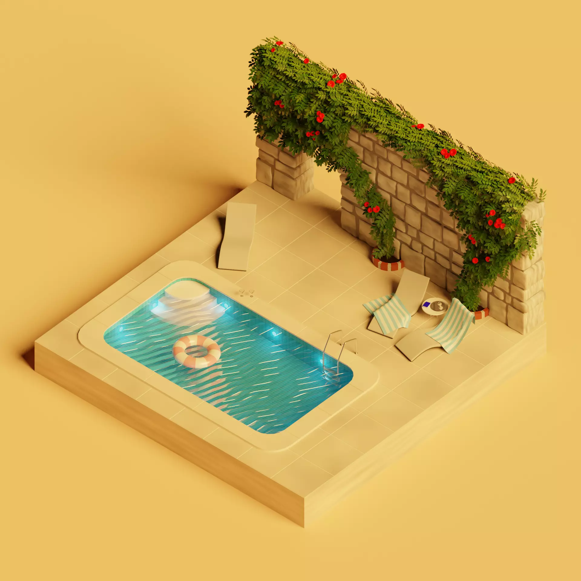 Pool Side with Ancient Wisteria Wall Low-poly 3D model