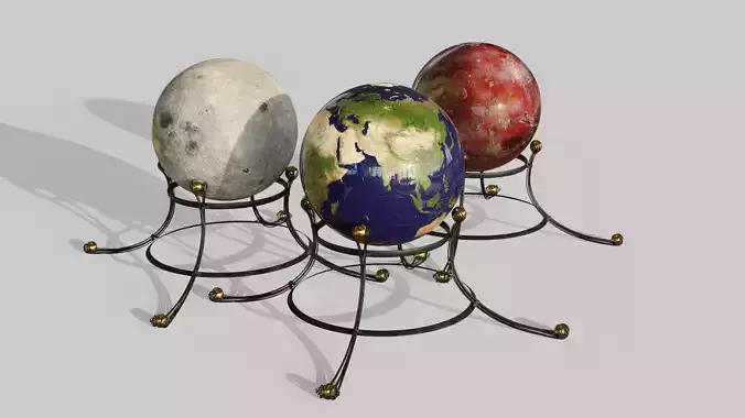 Earth moon and mars globe maps Low-poly 3D model