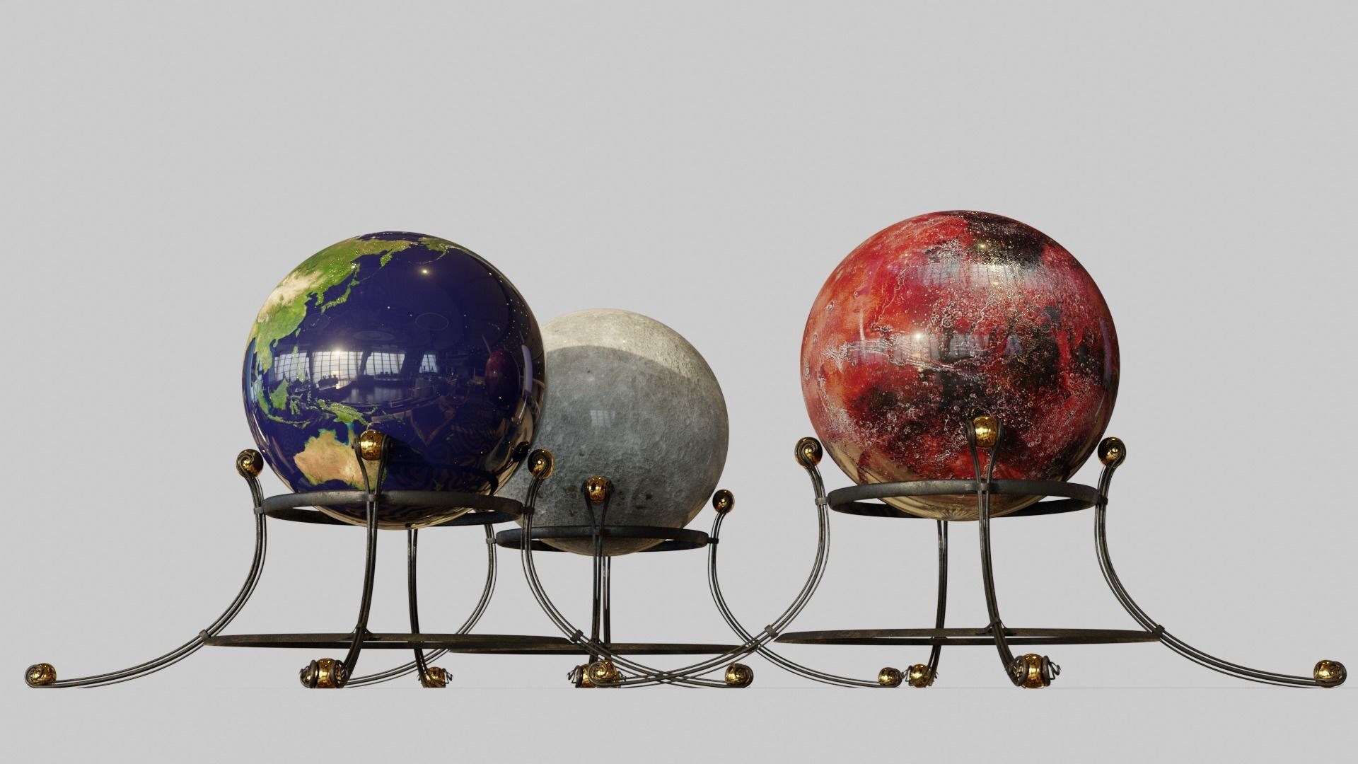 Earth moon and mars globe maps Low-poly 3D model_1