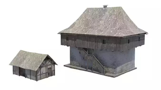Medieval tower castle and stable Low-poly 3D model