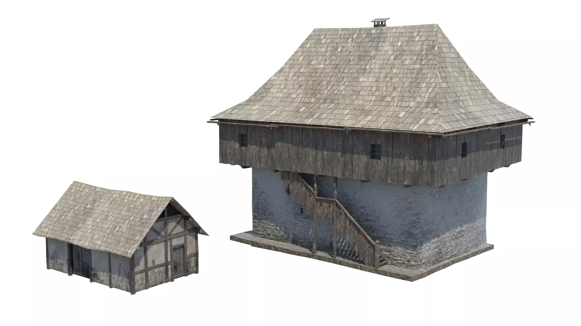 Medieval tower castle and stable Low-poly 3D model_0