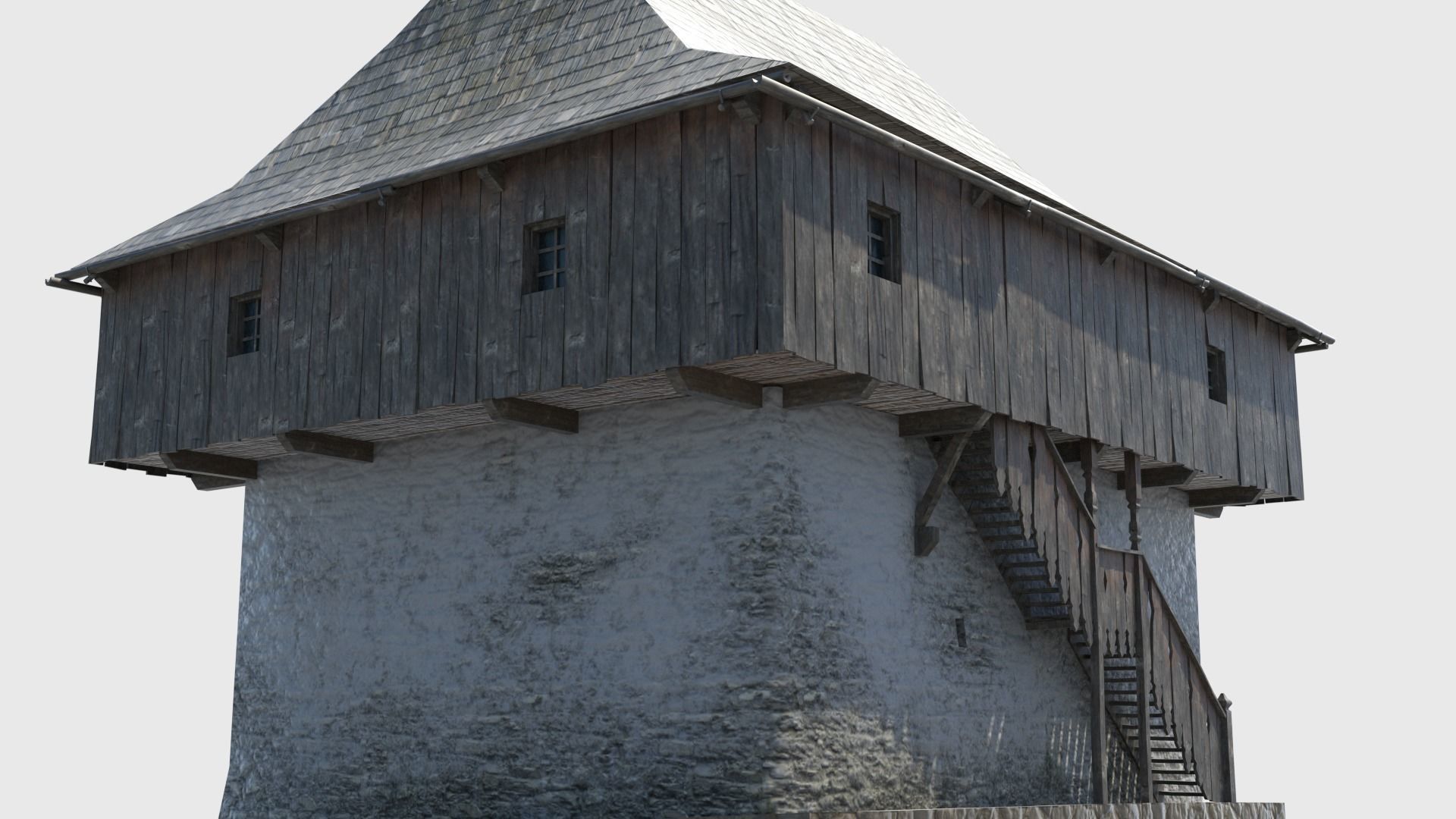 Medieval tower castle and stable Low-poly 3D model_7