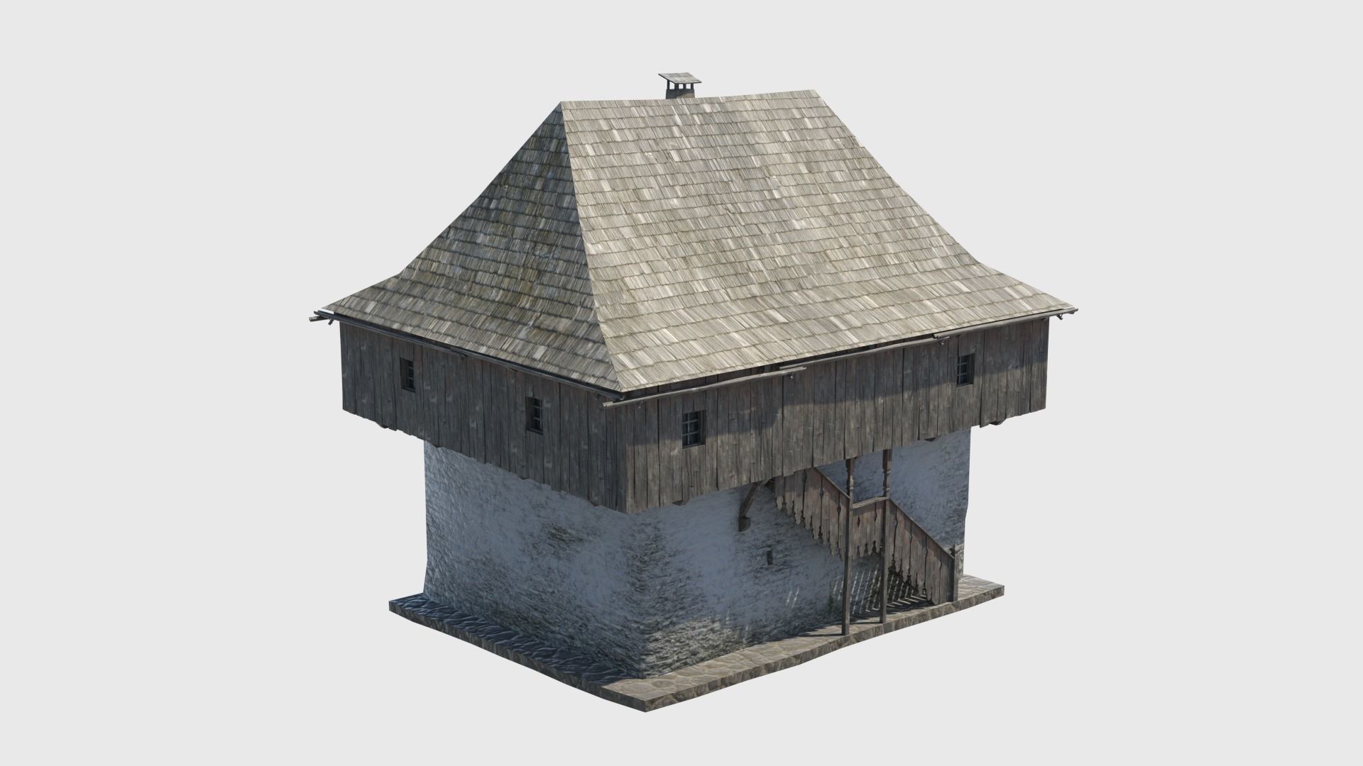 Medieval tower castle and stable Low-poly 3D model_4