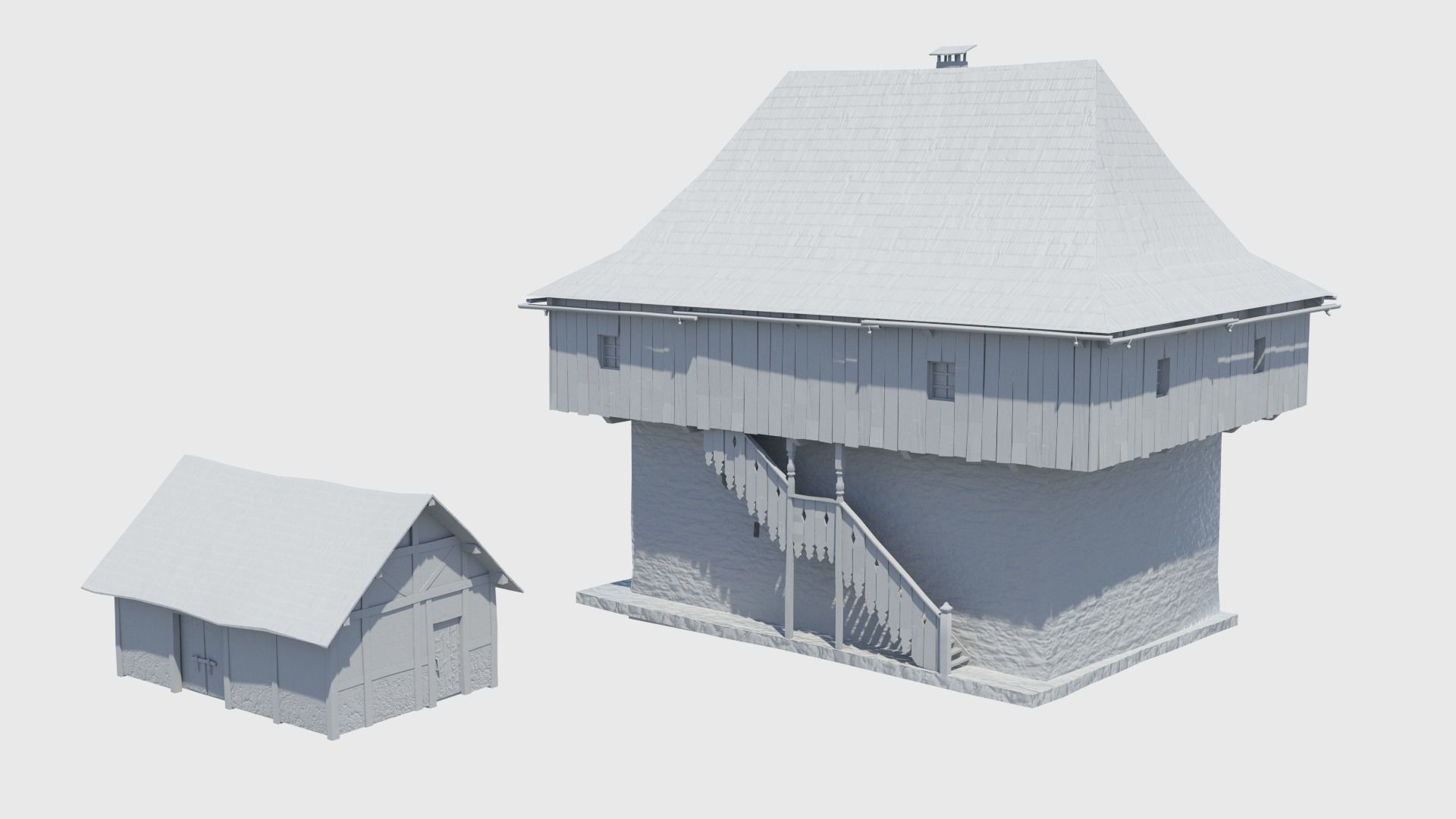 Medieval tower castle and stable Low-poly 3D model_17