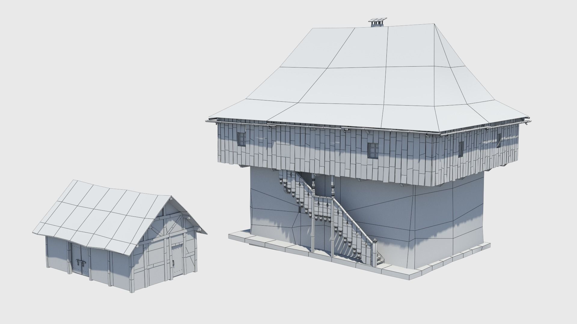 Medieval tower castle and stable Low-poly 3D model_1