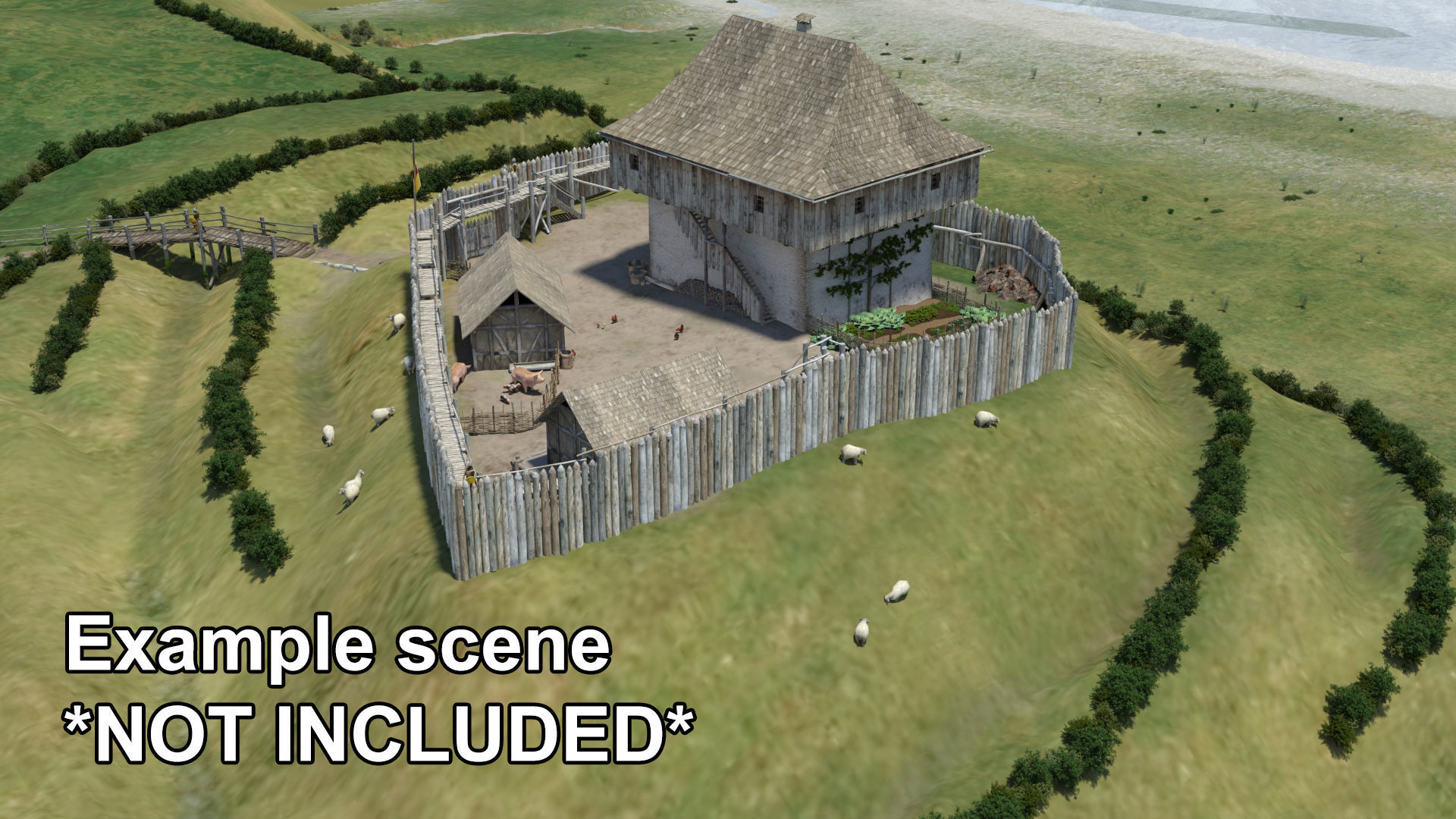 Medieval tower castle and stable Low-poly 3D model_2