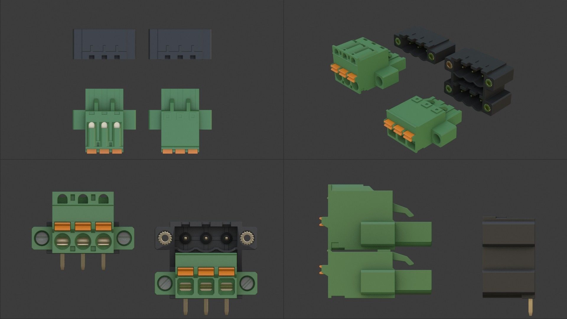 Pluggable Terminal Block 3-Pin Signle and Dual Low-poly 3D model_2