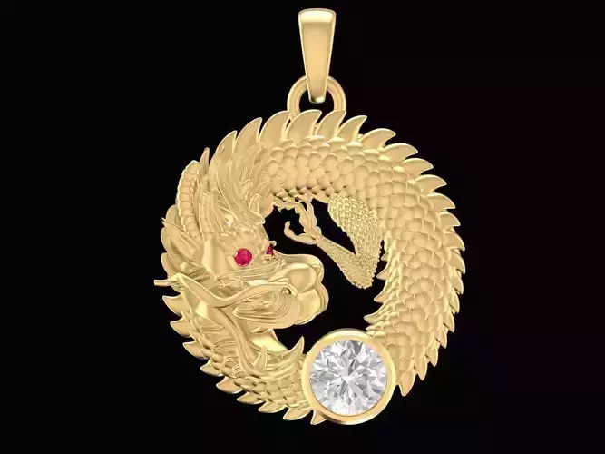 Luxury Chinese Dragon Pendant with Gemstone 3D Model 2261