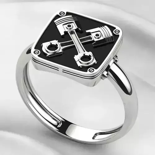 Crossed Pistons Silver Gold Ring with Enamel