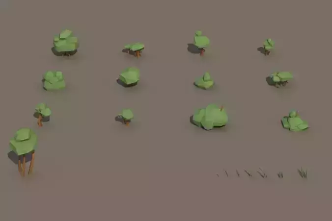 3D LOW POLY MODELS set of trees and grass Low-poly 3D model