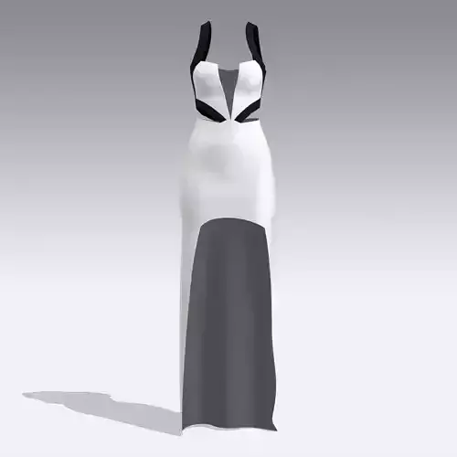 Black White dekolette long asymetric dress woman 3D model