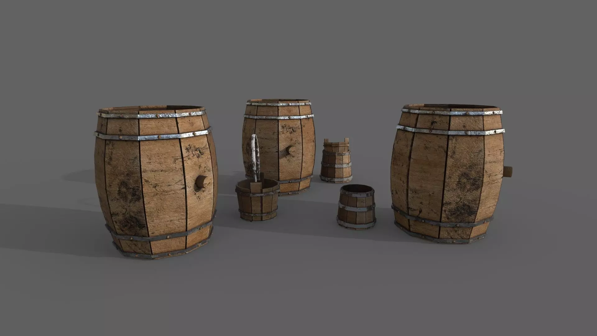 Barrel set of wooden barrels Free low-poly 3D model_0
