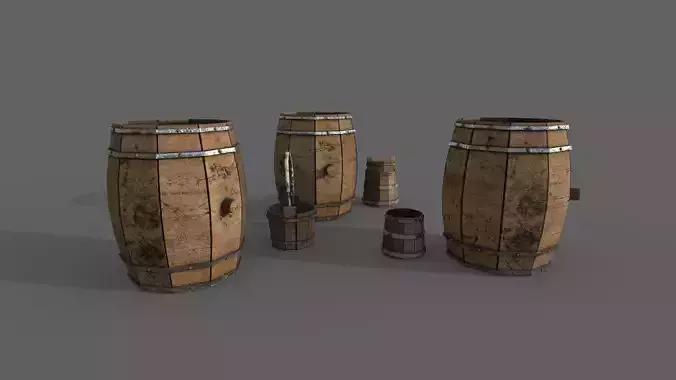 Barrel set of wooden barrels Free low-poly 3D model