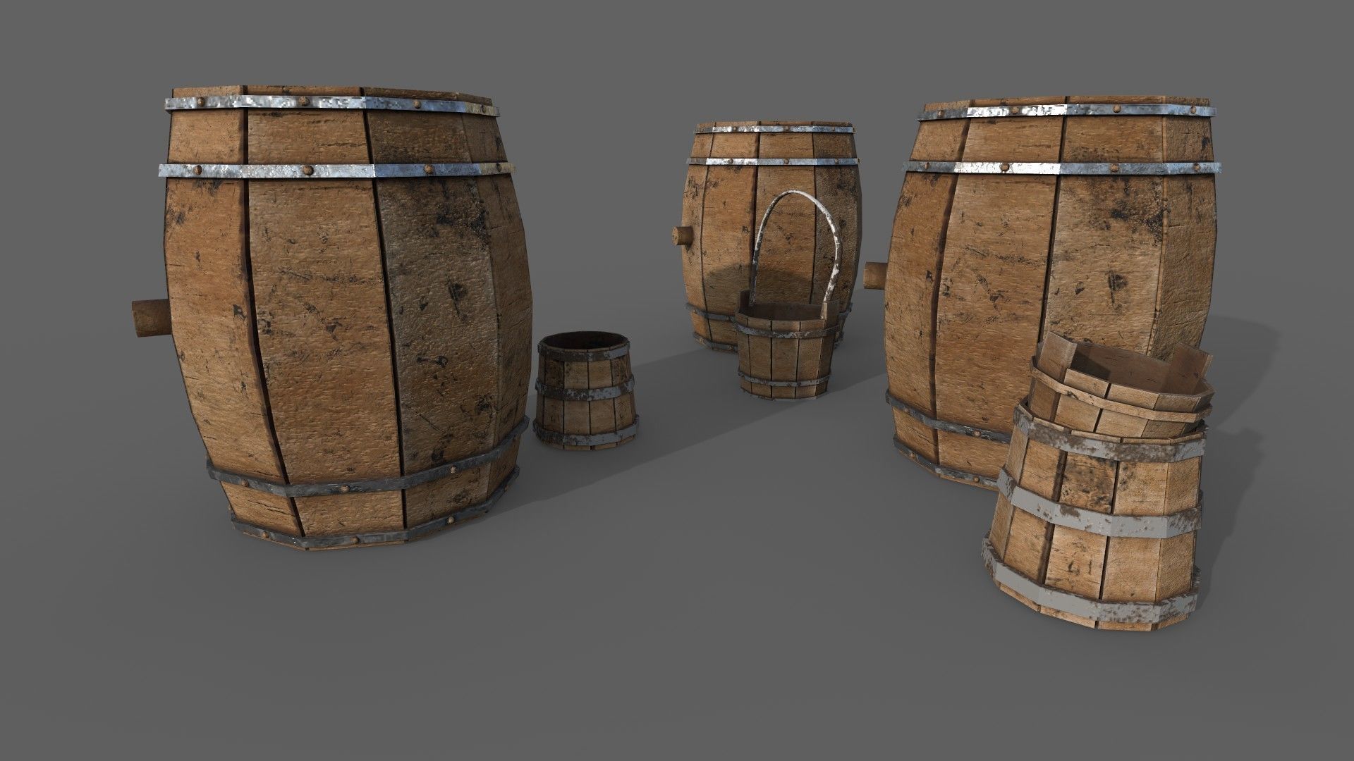 Barrel set of wooden barrels Free low-poly 3D model_2