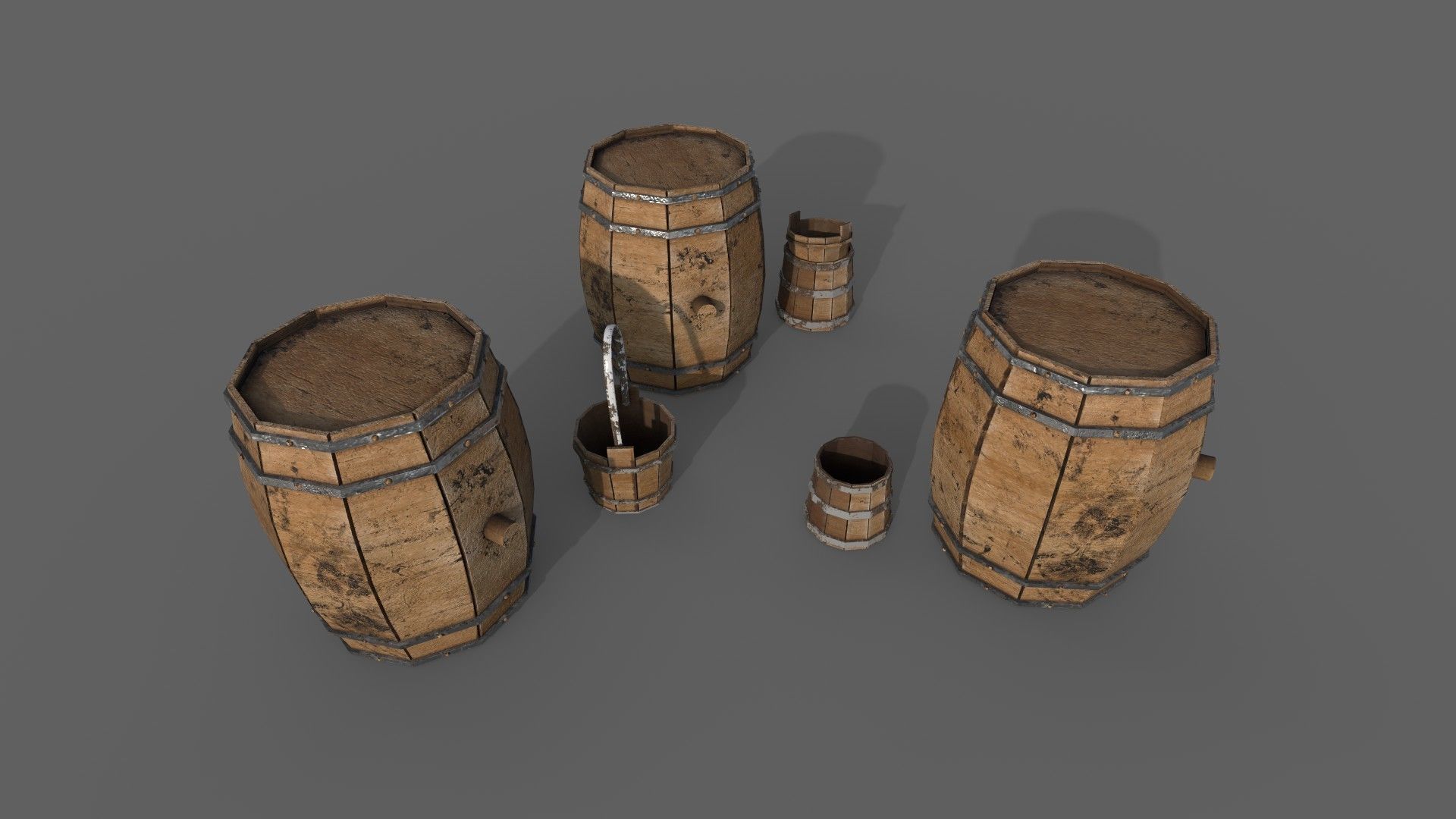 Barrel set of wooden barrels Free low-poly 3D model_1
