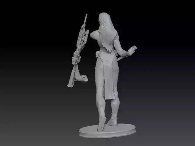 Mystique statue of woman holding gun