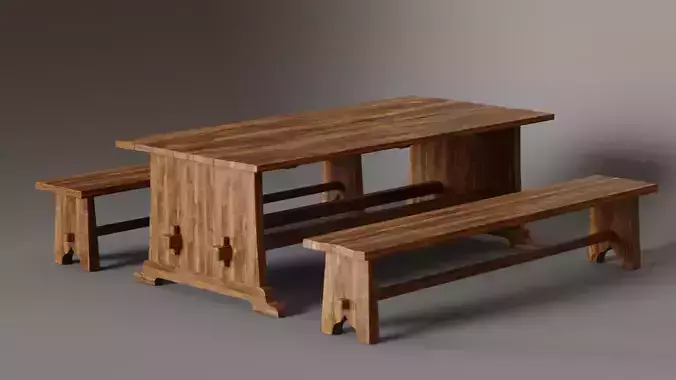 old Medieval wood Bench and Table PBR