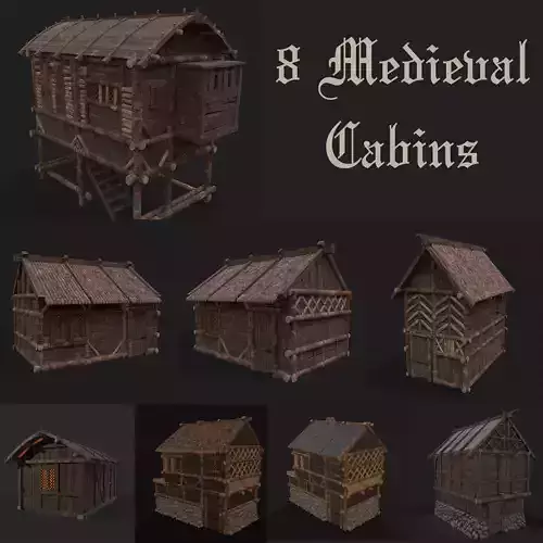  Medieval Wooden Cabins Collection of 8 