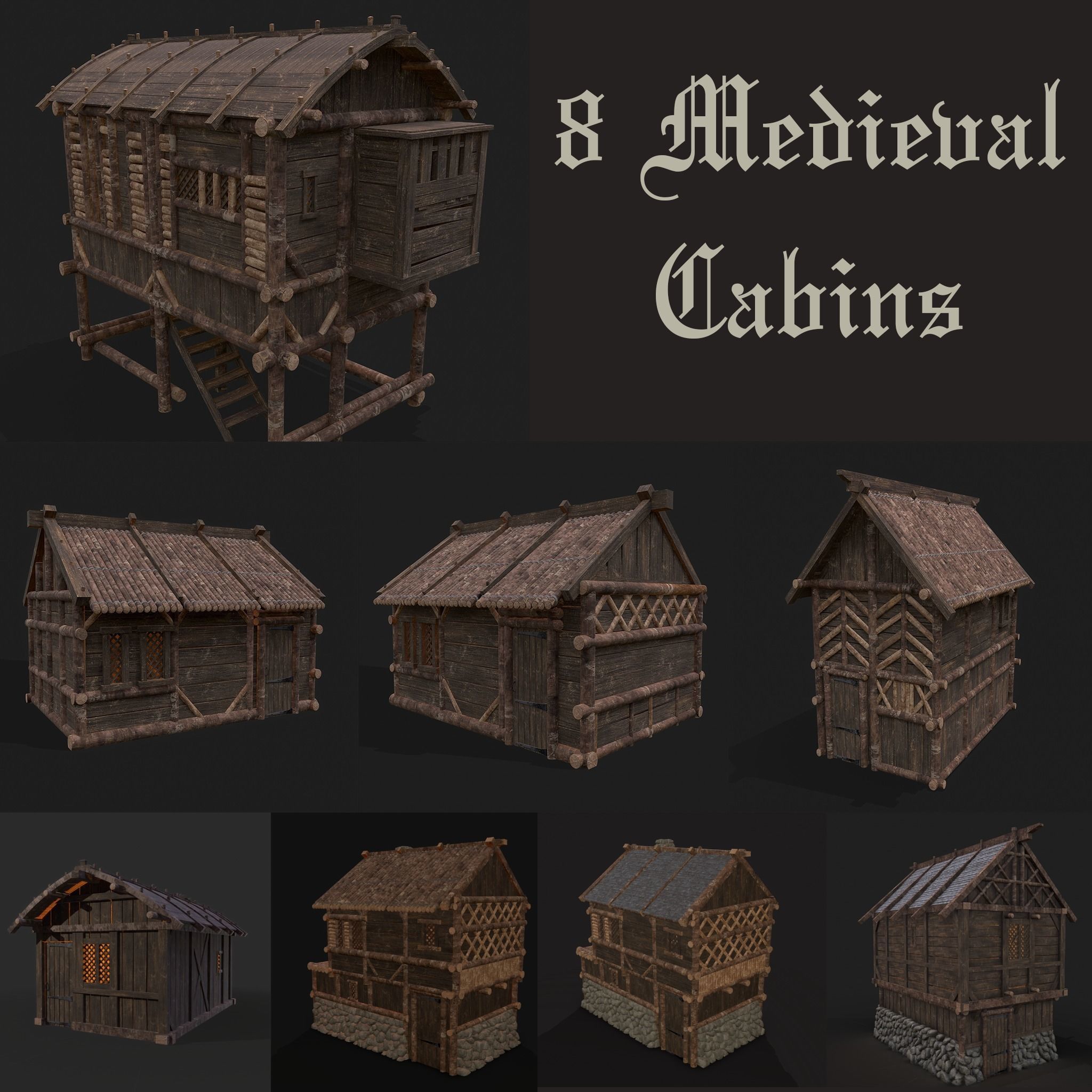 Medieval Wooden Cabins Collection of 8 _7