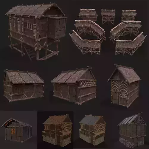 Medieval Wood Cabins and Modular Town Walls 3D Model Collection