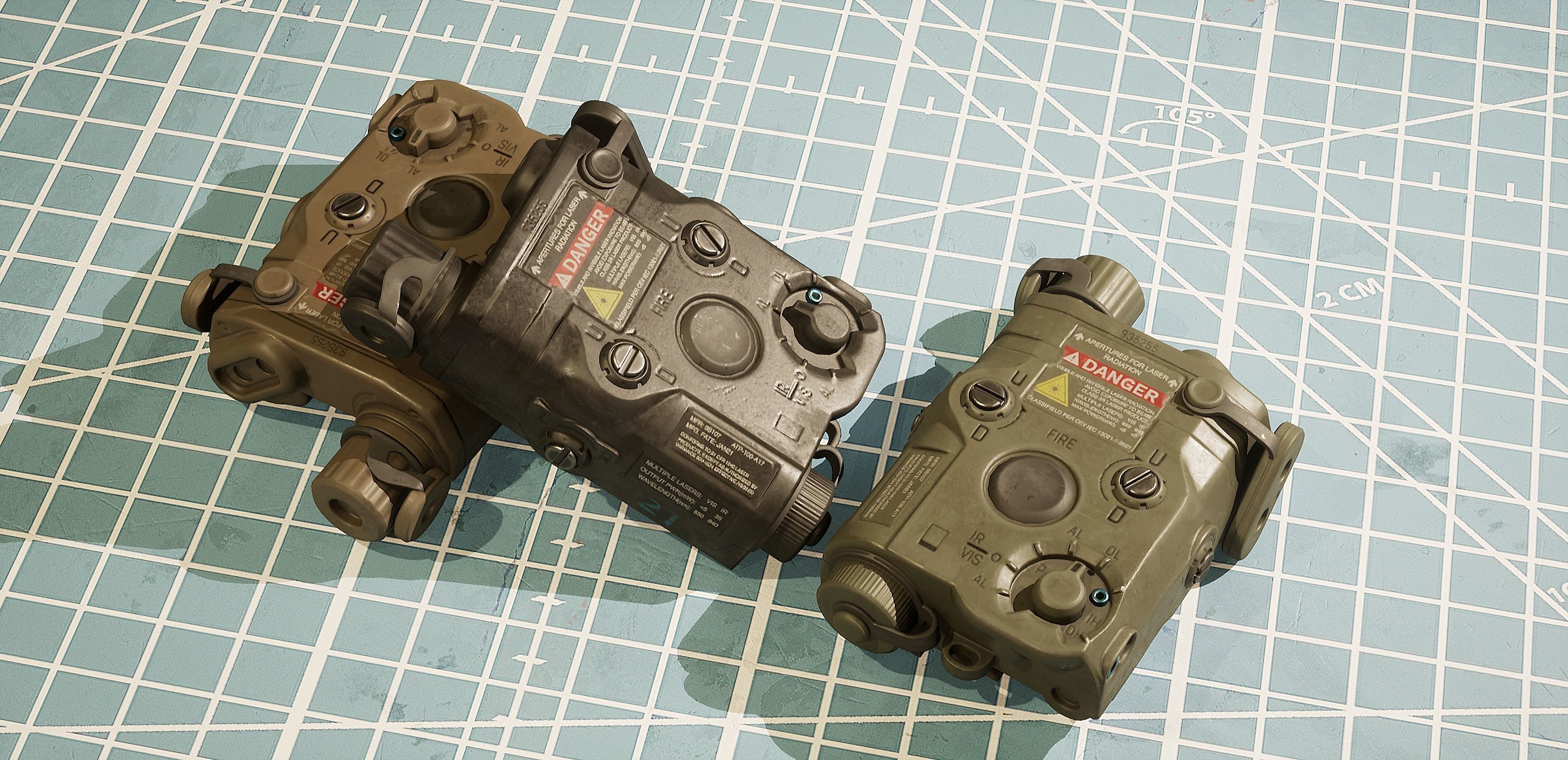 ANPEQ15 three military devices on cutting mat Low-poly 3D model_2