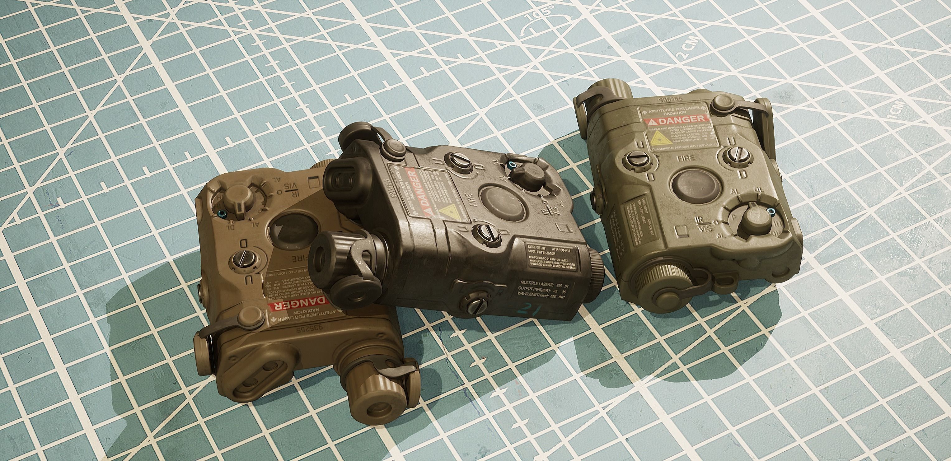 ANPEQ15 three military devices on cutting mat Low-poly 3D model_3