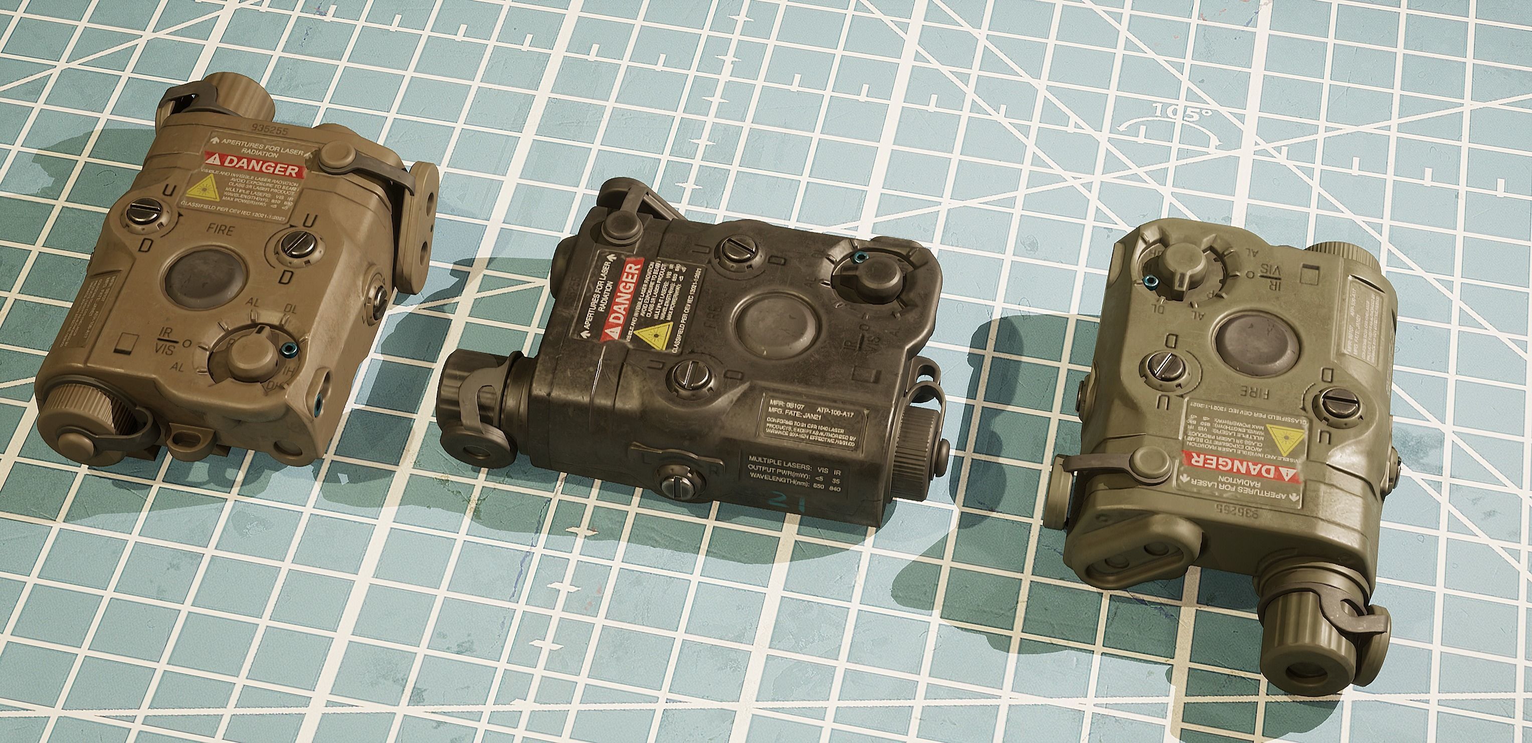 ANPEQ15 three military devices on cutting mat Low-poly 3D model_1